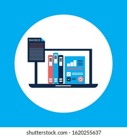 Invoice desktop with laptop and blue background