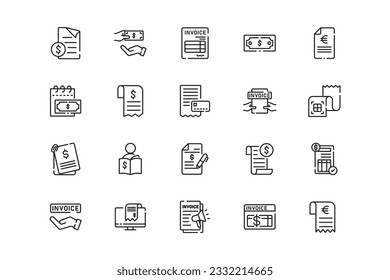 Juego de iconos de líneas del icono de documento de factura. Géneros y atributos del icono de documento de factura. Diseño lineal. Líneas con trazo editable. Iconos vectoriales aislados.