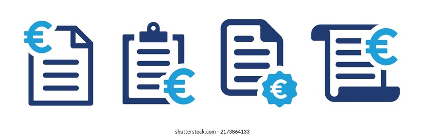 Invoice document icon vector set with euro sign illustration. Business receipt and billing symbol.