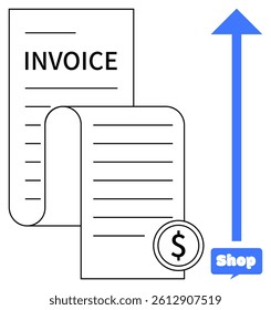Invoice document with long receipt and dollar sign icon. Upward arrow labeled Shop suggests increased sales or revenue. Ideal for financial themes business management accounting e-commerce and sales
