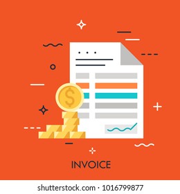 Invoice and dollar coins. Budget planning, money saving and paying debt concept, financial document and paperwork icon. Vector illustration in thin line style for website, accounting service logo.