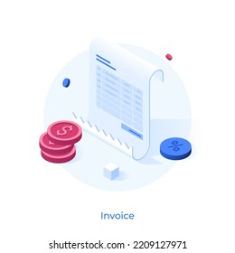 Invoice, dollar coins and percent sign. Concept of bill, commercial payable document, financial transaction, payment for goods or services. Modern isometric vector illustration for banner, poster.