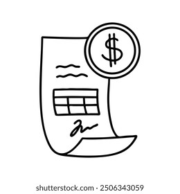 Rechnungsdoodle-Symbol Papierdokument, Registrierungsformular, Empfang, Rechnung, Vereinbarung. Skizzengrafik von Geschäftspapieren