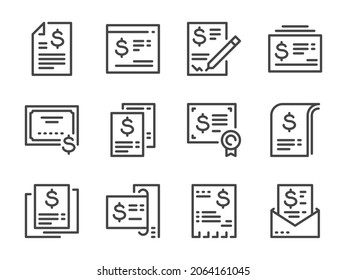 Invoice, Financial report and Contract document line icons. Bill, Receipt and Salary statement vector outline icon set.