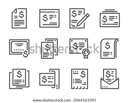 Invoice, Financial report and Contract document line icons. Bill, Receipt and Salary statement vector outline icon set.