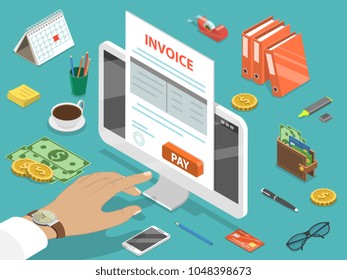 Invoice Flat Isometric Vector Concept Of Online Payment, Shopping, Banking, Accounting, Tax