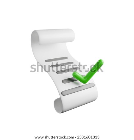 Invoice floating in mid-air with a green check mark icon in front. Correct payment. 3D rendering.