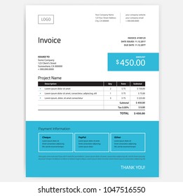 Invoice Form Design Template - Blue Color - Vector Mockup