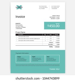 Invoice form design template - teal green and white color scheme - vector