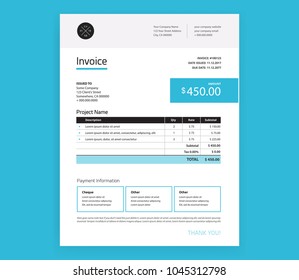 Invoice Form Design Template - Vector Mockup Blue And White Color Infographic Table Sheet 