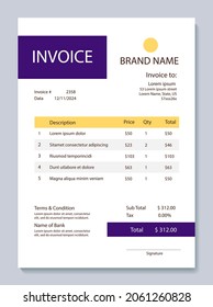 Invoice form design template. Yellow and violet color scheme. Educational services.