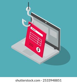 Invoice fraud symbol with a laptop computer and a manipulated fake invoice. Isometric flat design, easy to use for your website or presentation.