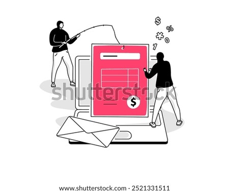 Invoice fraud symbol with a laptop computer, two hackers and a manipulated fake invoice. Flat design, easy to use for your website or presentation.