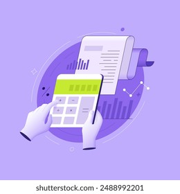 Invoice with hands holding calculator on purple background. Taxes payment and accounting 3D linear illustration concept. Financial activity control metaphor abstract flat vector graphic