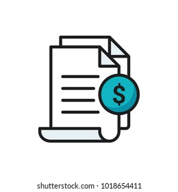 Invoice icon. Bill paid symbol. Tax form outline icon. Paper document with money sign. Vector illustration in flat line style