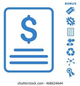 Invoice icon with bonus pictograms. Vector illustration style is flat iconic symbols, cobalt color, white background, rounded angles.