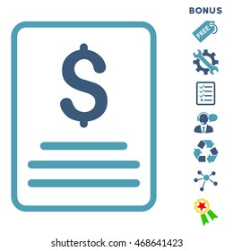 Invoice icon with bonus pictograms. Vector illustration style is flat iconic bicolor symbols, cyan and blue colors, white background, rounded angles.