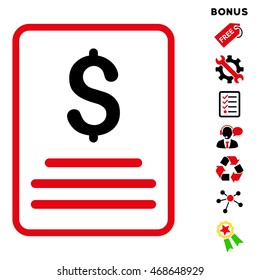 Invoice icon with bonus pictograms. Vector illustration style is flat iconic bicolor symbols, intensive red and black colors, white background, rounded angles.