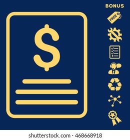 Invoice icon with bonus pictograms. Vector illustration style is flat iconic symbols, yellow color, blue background, rounded angles.