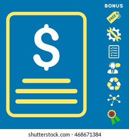 Invoice icon with bonus pictograms. Vector illustration style is flat iconic bicolor symbols, yellow and white colors, blue background, rounded angles.