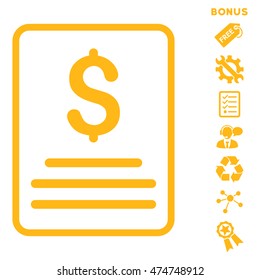 Invoice icon with bonus pictograms. Vector illustration style is flat iconic symbols, yellow color, white background, rounded angles.