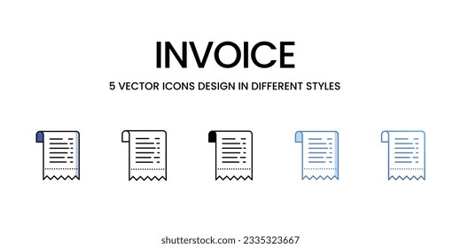 Invoice Icon Design in Five style with Editable Stroke. Line, Solid, Flat Line, Duo Tone Color, and Color Gradient Line. Suitable for Web Page, Mobile App, UI, UX and GUI design.