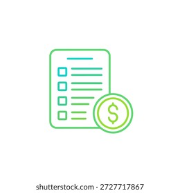 Ícone de fatura com documento e moeda em dólar para faturamento financeiro e pagamento comercial.