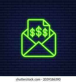 Invoice icon , email message received with bill document, flat style open envelope with invoice paper blank. Neon icon. Vector illustration.