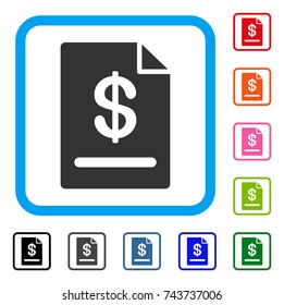 Invoice icon. Flat grey pictogram symbol in a blue rounded rectangular frame. Black, gray, green, blue, red, orange color additional versions of Invoice vector. Designed for web and app interfaces.