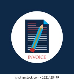 Invoice icon in flat style. With pencil and dark blue background. 