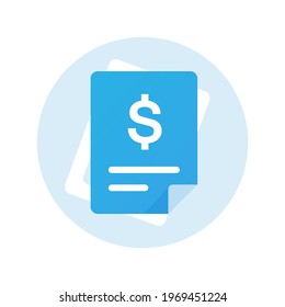 Invoice icon. Payment and bill invoice. Tax sign design. Paper financial document icon. Flat design blue file with dollar sign illustration. Vector invoice icon