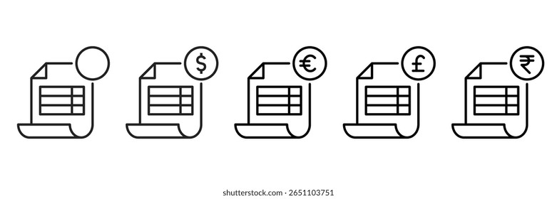 Conjunto de iconos de Factura con diferentes divisas