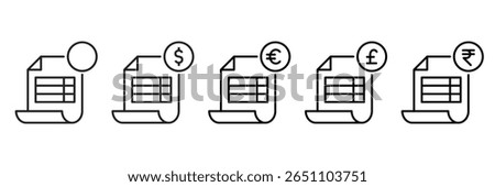 Invoice Icon Set With Different Currencies