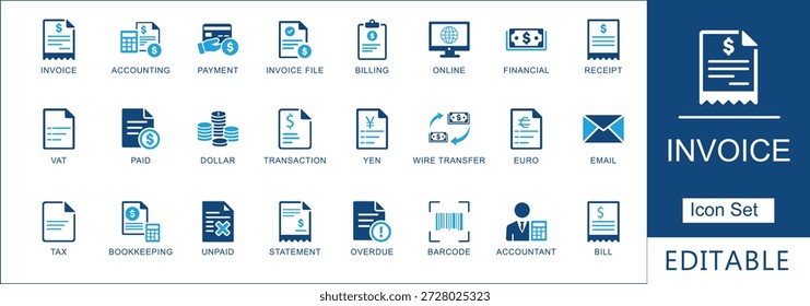 Conjunto de íconos de Factura con símbolos de facturación, pago, contabilidad, impuestos y divisas. Estilo de arte de línea azul limpio, perfecto para App de negocios y Web UI.