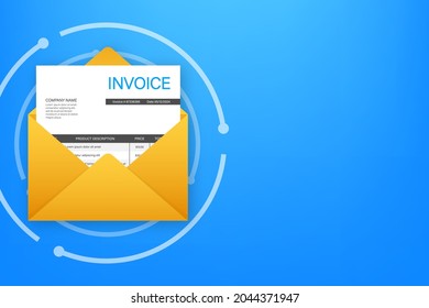 Invoice Icon Vector. Email Message Received With Bill Document, Flat Style Open Envelope With Invoice Paper Blank.