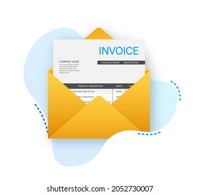 Invoice icon vector, email message received with bill document, flat style open envelope with invoice paper blank.