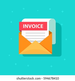 Invoice icon vector, email message received with bill document, flat style open envelope with invoice paper blank, billing letter illustration