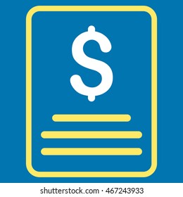 Invoice icon. Vector style is bicolor flat iconic symbol with rounded angles, yellow and white colors, blue background.