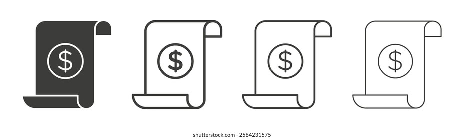 Invoice icons set. Liner outlined and flat black color