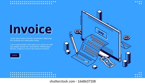 Invoice isometric landing page. Large bill for tax or service payment coming out of computer desktop screen. Shopping, banking, accounting paycheck, smart technologies 3d vector line art web banner