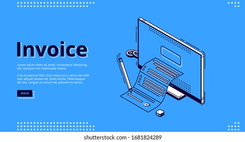 Invoice isometric landing page. Large bill for tax or service payment coming out of computer desktop screen. Shopping, banking, accounting paycheck, smart technologies 3d vector line art web banner