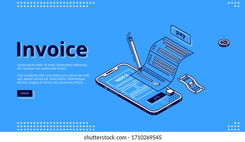 Invoice isometric landing page. Large bill for tax or service payment and smartphone screen with interface. Shopping, banking, accounting paycheck, smart technologies 3d vector line art web banner