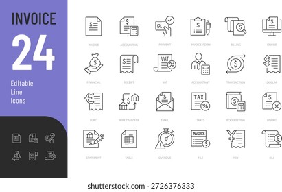 Conjunto de iconos editables de línea de Factura. Ilustración vectorial en estilo delgado moderno de iconos relacionados con las finanzas: documentación, contabilidad, divisas y más. Aislado sobre fondo transparente.