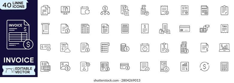 Invoice Line Icon Set. Featuring Billing, Payment, Receipt, Tax, Calculator, Accounting, Financial Report, Credit Card, Wallet, Cash Flow and more. Editable Stroke. Vector Illustration.