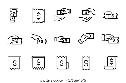 Conjunto de iconos de línea de factura. Elementos vectores de trazo para el diseño de moda. Pictogramas simples para concepto móvil y aplicaciones web. Iconos de línea de vector aislados en fondo blanco
