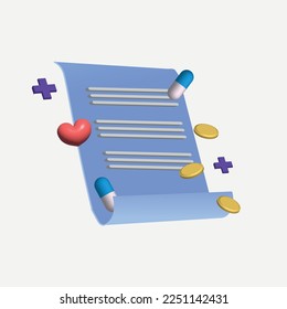 An invoice or a list of medications. A heart icon with a heartbeat wave. A medical bill to pay for medicines. The concept of online payment confirmation. 3d rendering.