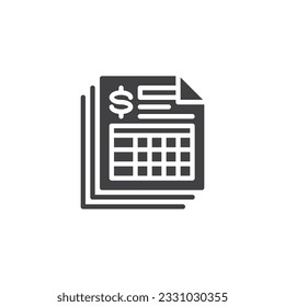Icono de vector de lista de facturas. signo plano relleno para concepto móvil y diseño web. Icono de glifo de factura financiera. Símbolo, ilustración del logotipo. Gráficos vectoriales