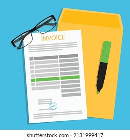 Invoice, marker highlihter, glasses and file folder isolated on blue background. Payment and bill invoice concept. Vector illustration