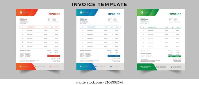 Invoice minimal design for corporate business. Clean invoice template in 3 different color.
Print ready business price invoices and payment agreement vector bill stationery design templates.