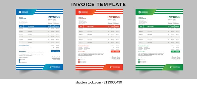 Invoice minimal design for corporate business. Clean invoice template in 3 different colors. Print-ready business price invoices and payment agreement vector bill stationery design templates.